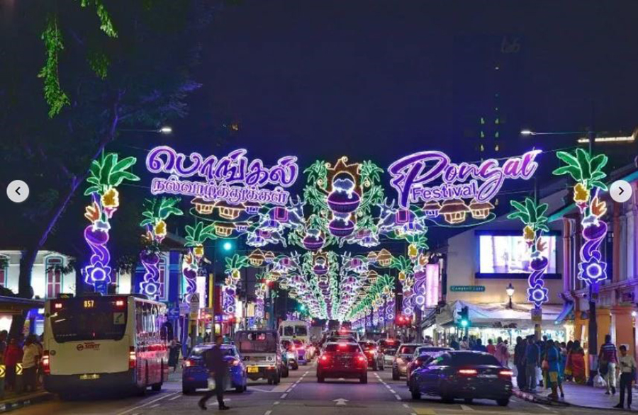 Streets of Little India lit up for Pongal festivities.