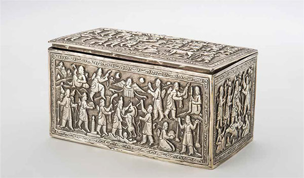 Repousséd silver box showing Zoroastrian scenes, Bombay, 19th century, silver