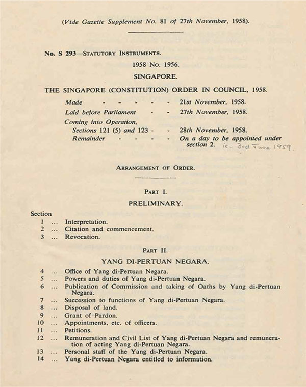 Singapore (Constitution) Order in Council, 21 November 1958, Singapore