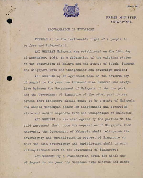 Proclamation of the Republic of Singapore, Singapore, 9 August 1965
