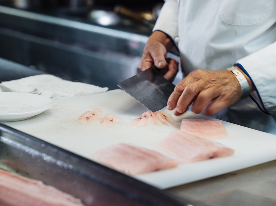 The commonly used fish in yusheng are either salmon or wolf herring