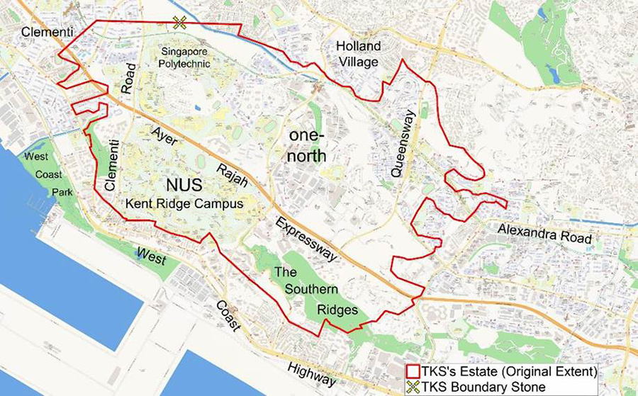 The map shows the estimated original land boundaries of Tan Kim Seng estate based on research