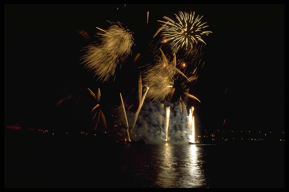A fireworks display over Marina Bay during National Day Parade 1993. (c1993. Image from Ministry of Information and the Arts Collection, courtesy of National Archives of Singapore)