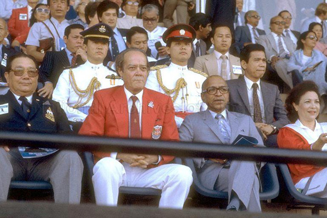 E W Barker with Devan Nair at a football final in 1983 at the National Stadium