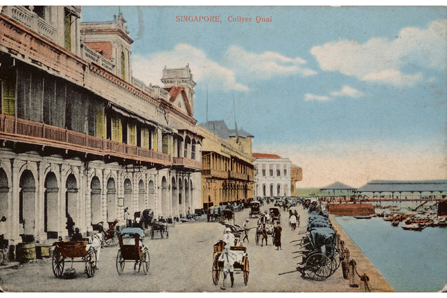 Postcard of Collyer Quay with Johnston's Pier in the background