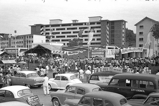 View of crowd outside former Queenstown Polyclinic