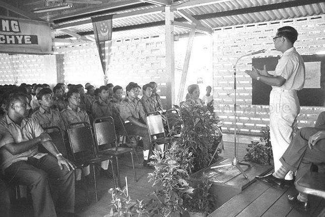 Toh Chin Chye at the at a Worker's Brigade in Tanah Merah