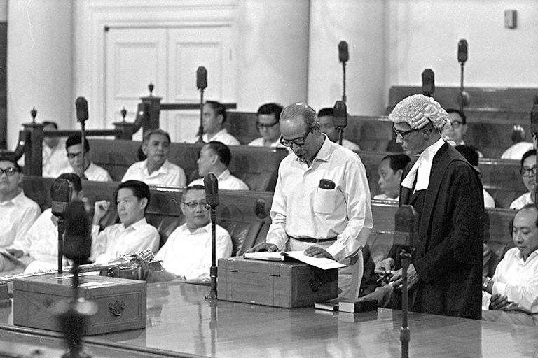 Minister for Foreign Affairs and for Labour and Member of Parliament for Kampong Glam, S. Rajaratnam taking the oath of allegiance at the first meeting of Singapore Parliament in Parliament House, Empress Place, 1968. Mr  Rajaratnam said in a Parliamentary speech in 1967: “In a democracy there can be no distinction between majority rights and minority rights. There can only be equality of rights, the same rights for all, without regard to race, colour, language or creed.