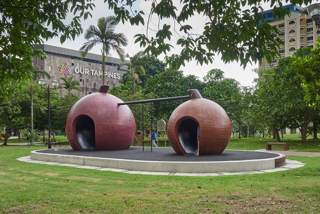 Features of Tampines Central Park are the fruit-themed playgrounds in the shapes of mangosteens and watermelon slices.