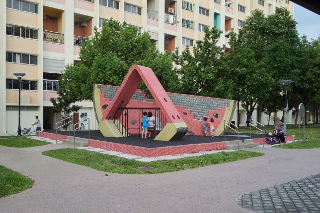 Features of Tampines Central Park are the fruit-themed playgrounds in the shapes of mangosteens and watermelon slices.