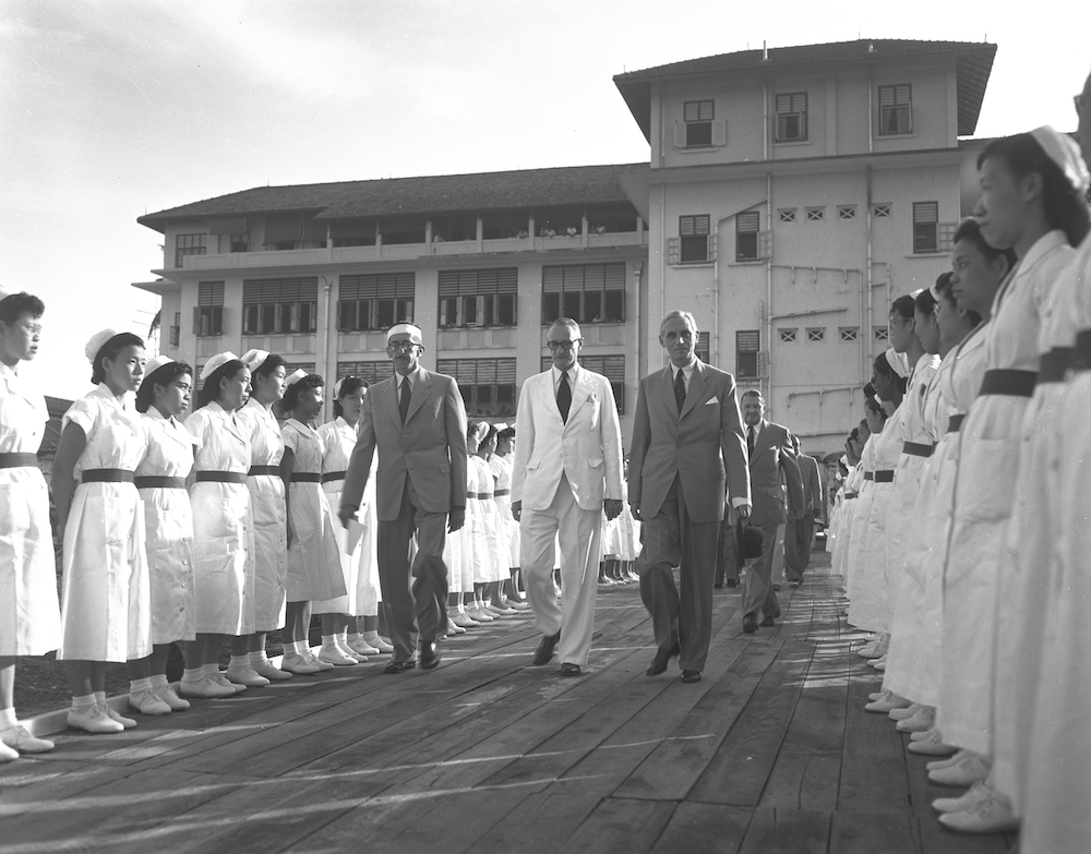 Governor Sir John Nicoll at the foundation stone laying ceremony of Block 1, with Block 2 visible in the background, 6 October 1953. Courtesy of the National Archives of Singapore.