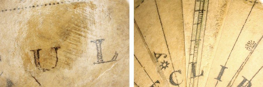 The original print ‘U’ and in-painting of “L” (left); Repair with new paper and in-painting of lines (right)