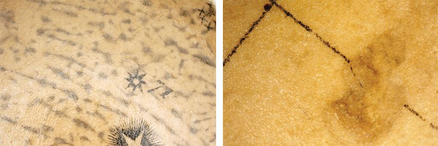 Marks created from burnishing the paper surface (left); Paper in-fill (right)