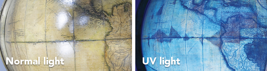 The repairs (in brown) located along the adhesive join line that connects both hemispheres