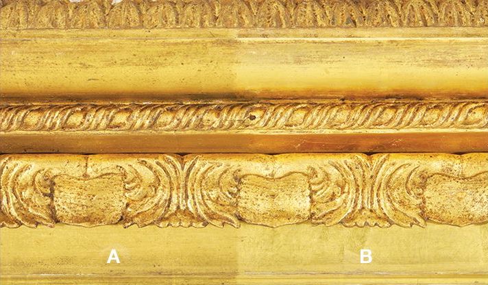 Detail of the frame during cleaning: A) uncleaned; B) cleaned