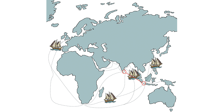 Dutch trade routes during the 18th century, when the fabric for the baju panjang would have been traded between the Coromandel Coast and South Sumatra