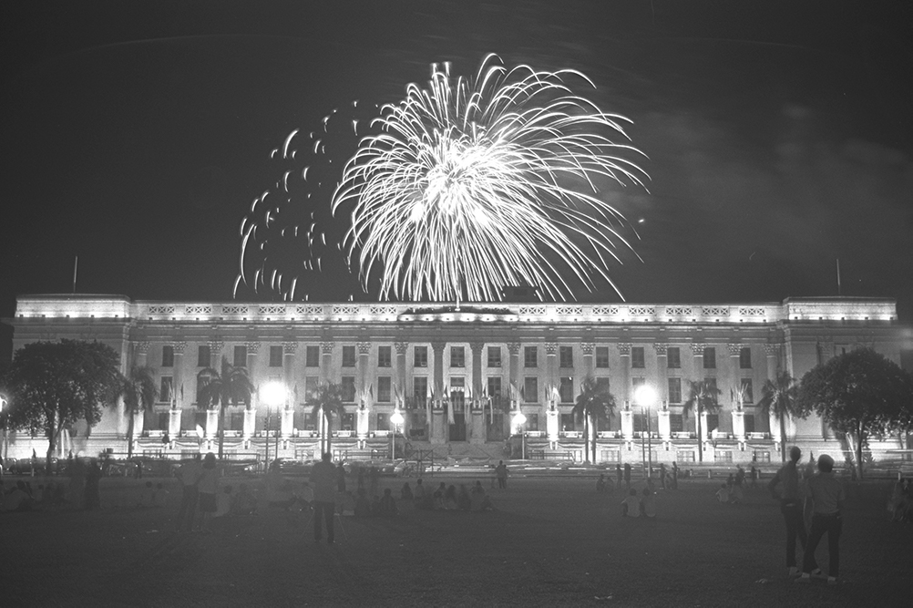 Photograph of fireworks at one of the earliest parades (1968)