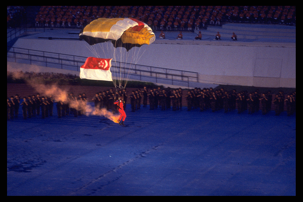 Photograph of the debut performance by the Red Lions at the 1996 National Day Parade