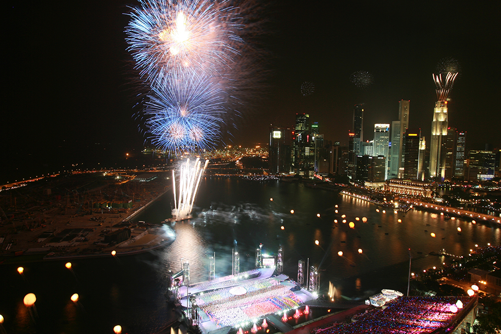 Photograph of fireworks at The Float @ Marina Bay, during the 2007 National Day Parade