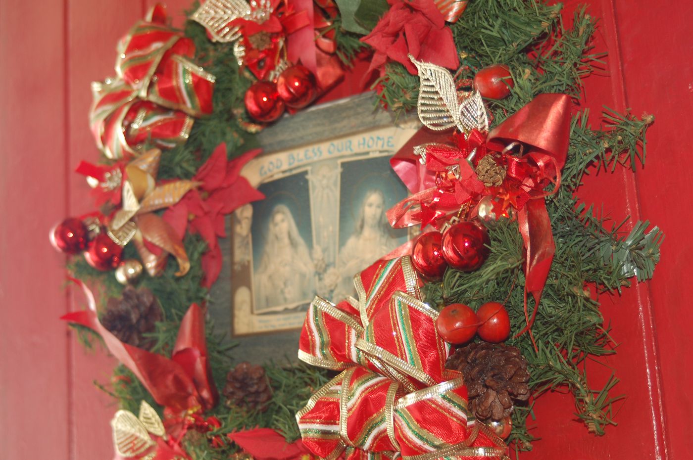 Christmas wreath decoration on a house door.