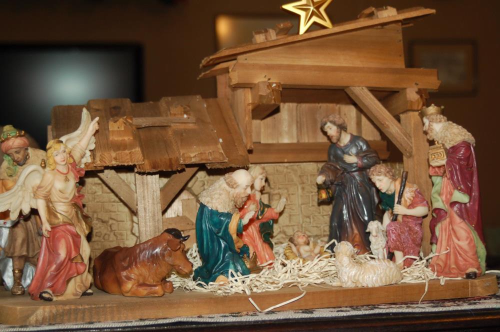 A Nativity scene depicting the birth of baby Jesus. 