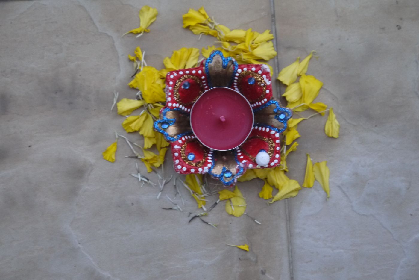 Decorations placed outside the entrance of a house, that will be lit up at night