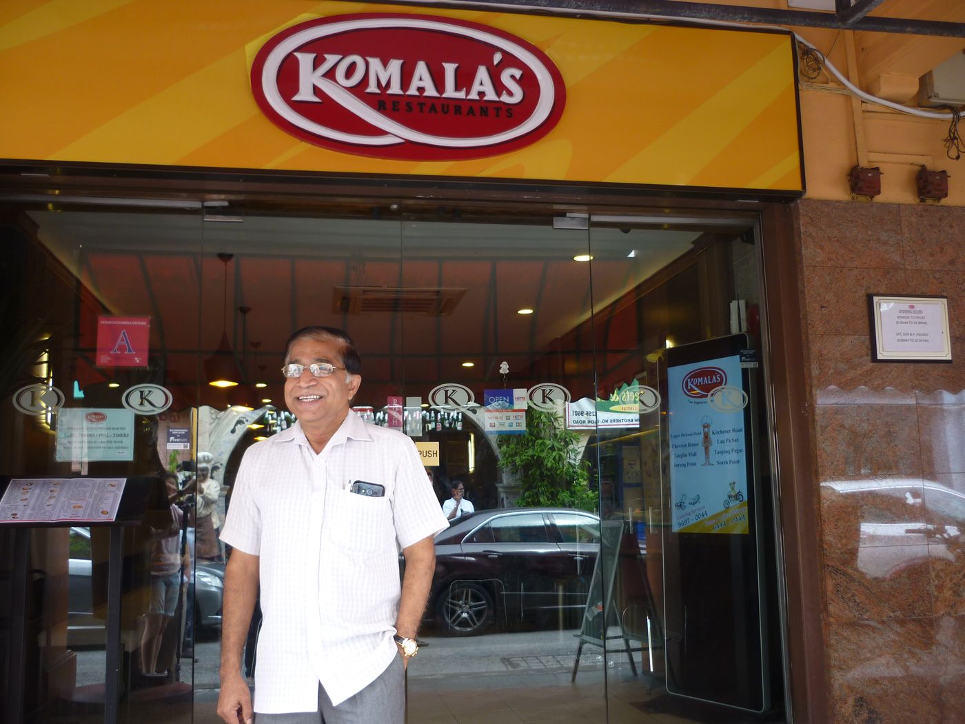 Mr R.T. Sekar outside an outlet of his Komala’s Restaurants chain. His restaurants serve not only traditional South Indian vegetarian food, but also fast food and fusion food such as vegetarian pizzas and burgers. 