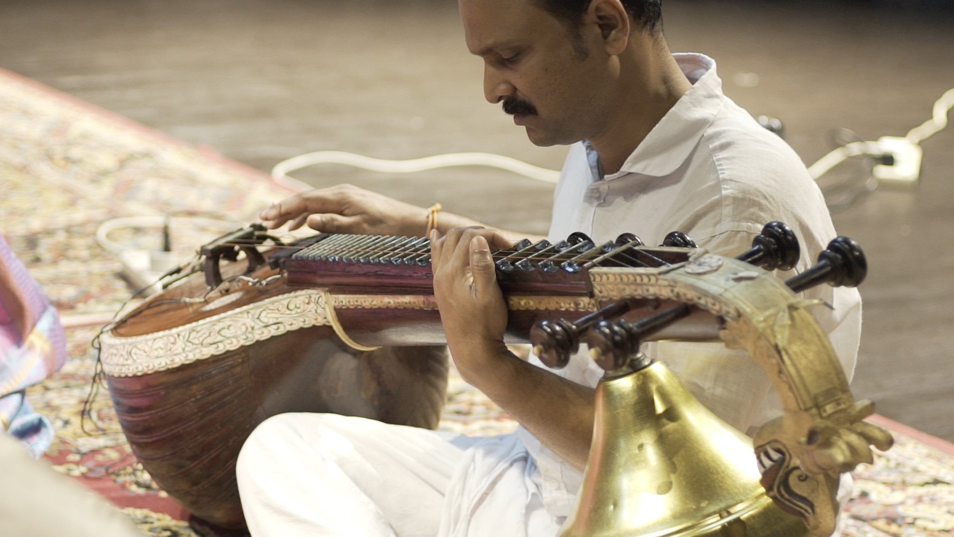 A Carnatic musician playing a stringed instrument known as the veena at the Nrityalaya Aesthetics Society. It takes years for such practitioners to reach advanced levels of mastery.