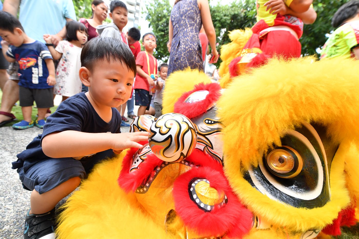 A young participant interacts with the lion dance performers at Wan Qing Festival of Spring in 2019. 