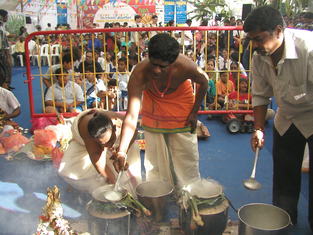 A demonstration on the making of pongal (a dish typically comprising rice, milk, cane sugar and cardamom) as part of the Pongal festival celebrations at Campbell Lane.