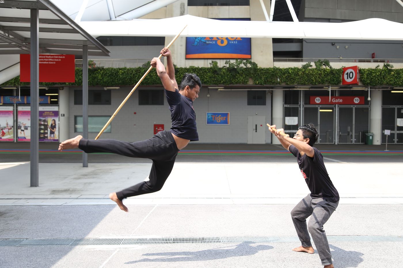 A double hand overhead strike in peacock posture