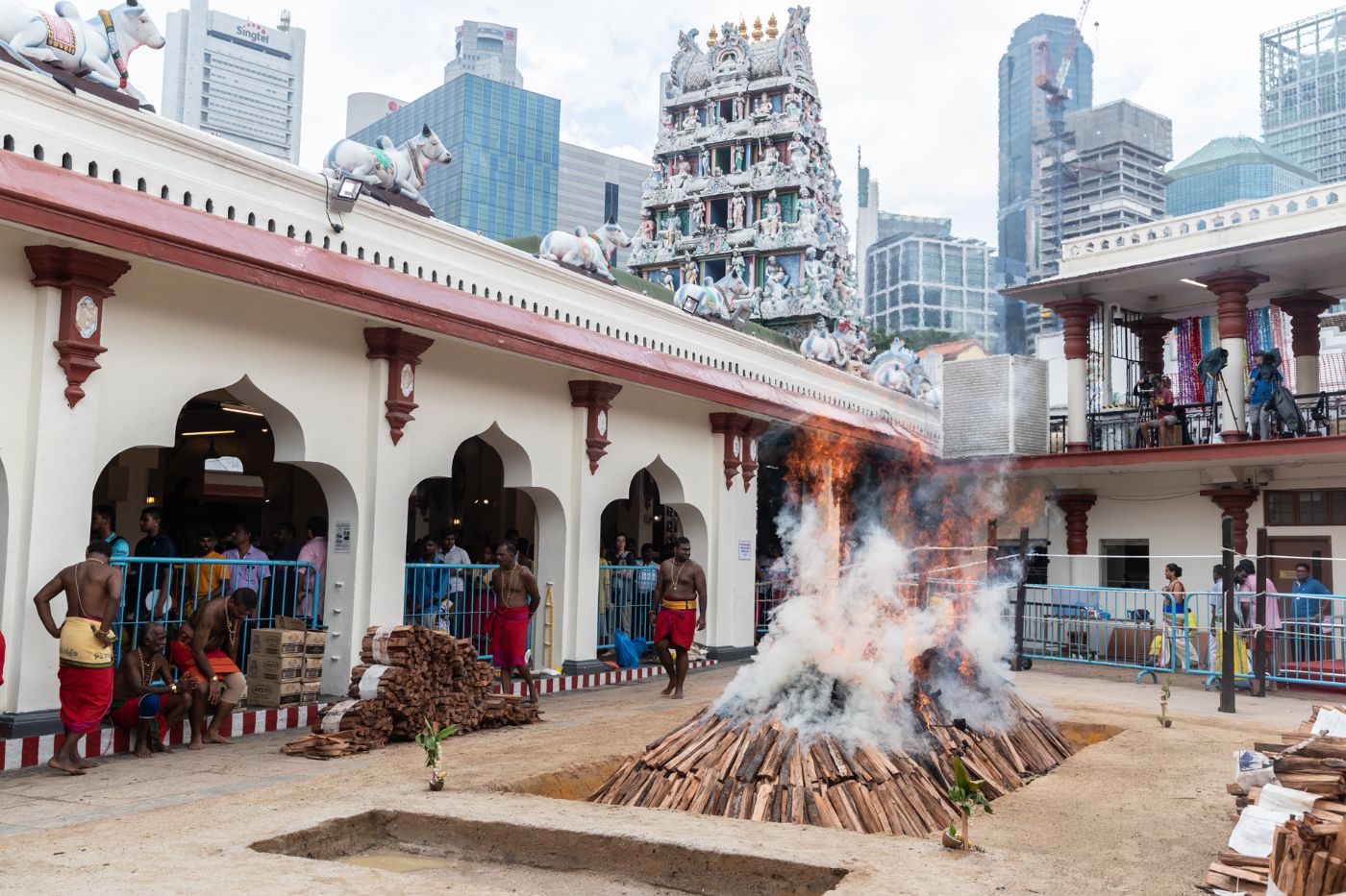 Preparations for the fire pit at Sri Mariamman Temple.