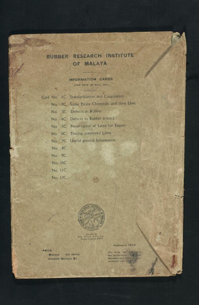 Information Card From The Rubber Research Institute Of Malaya