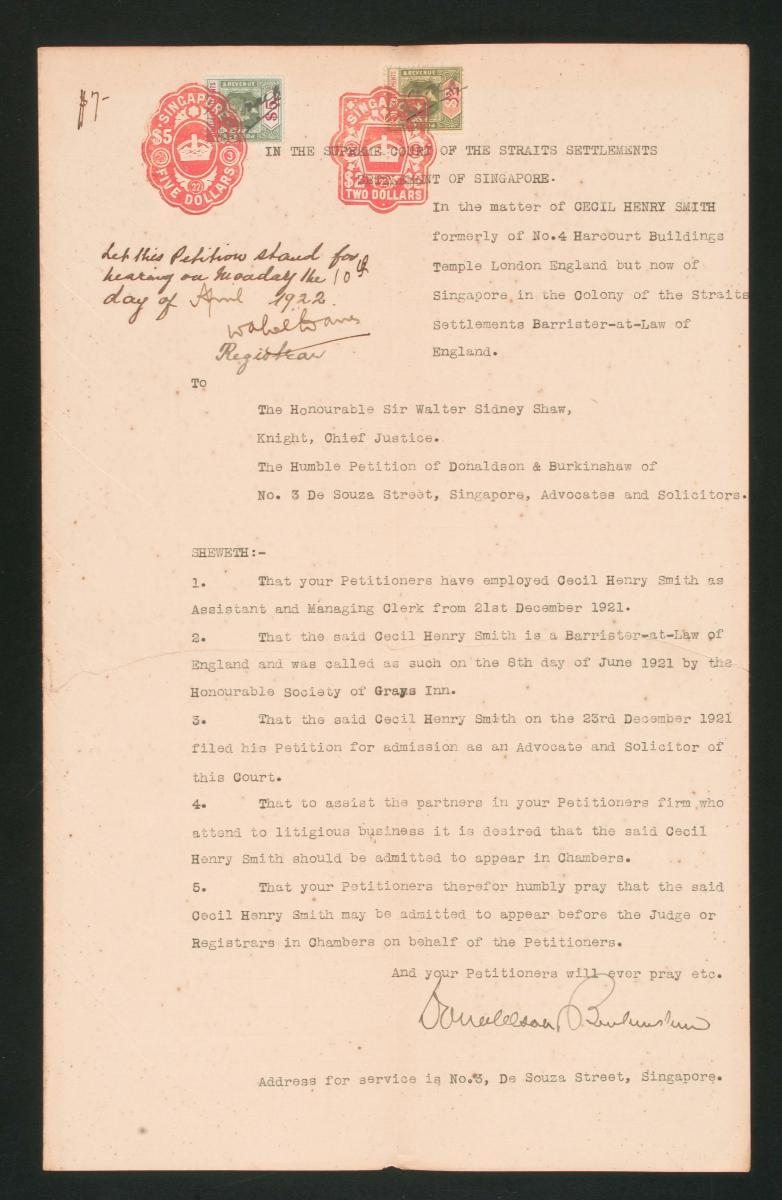 Petition of Donaldson and Burkinshaw of No. 3 De Souze Street, Singapore