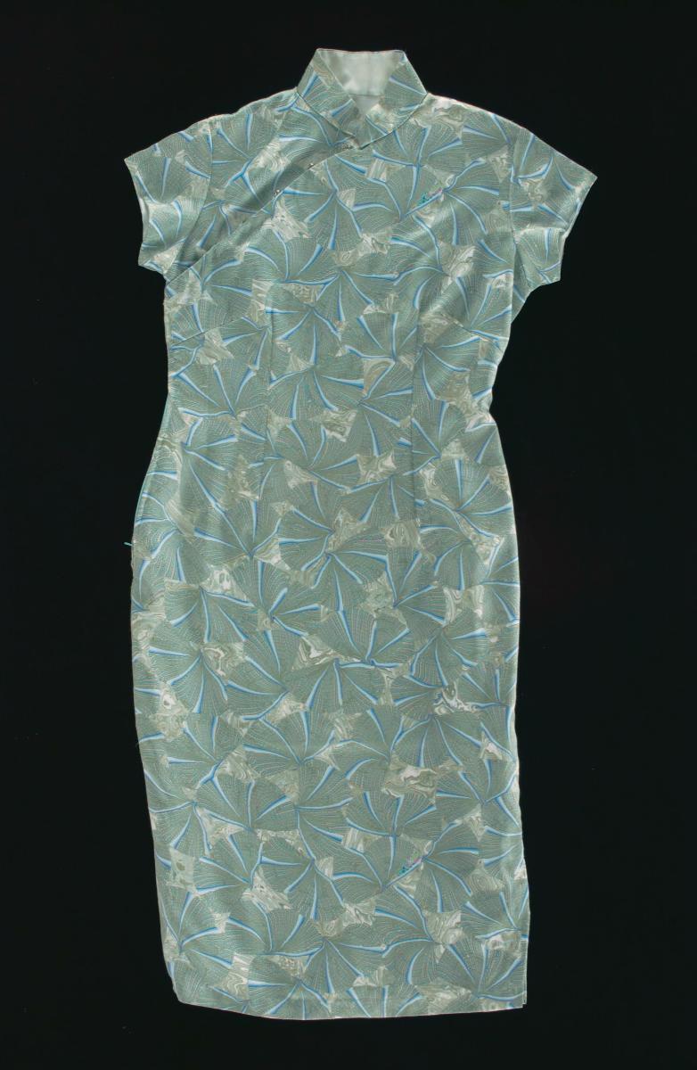 Light grey cheongsam with motifs of fans