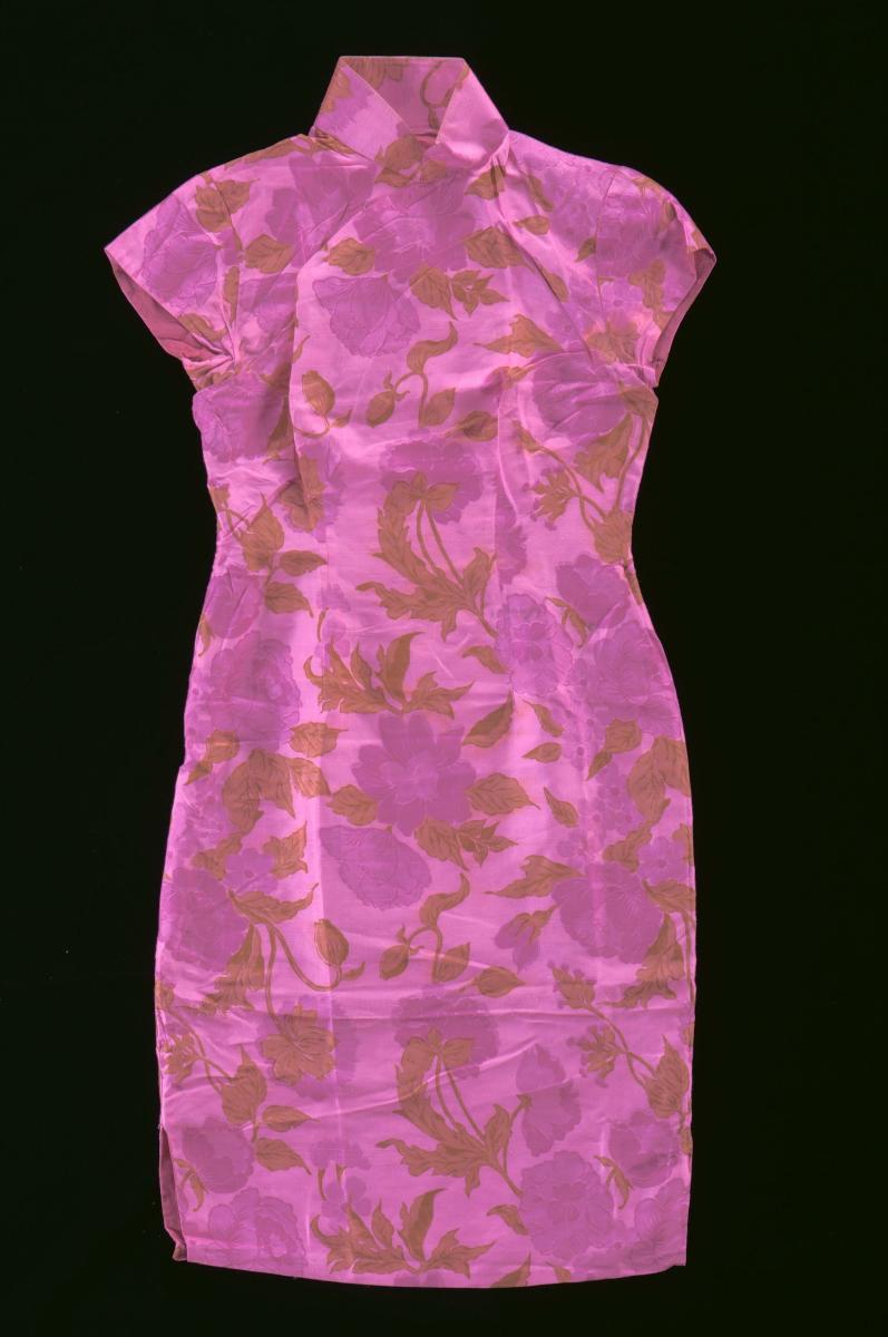 A neon pink cheongsam with floral motifs