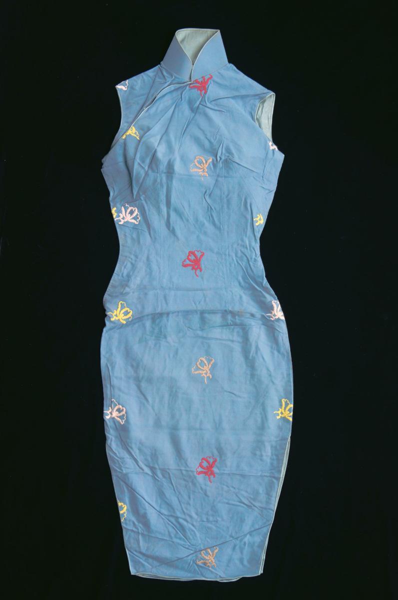 Purplish-blue cheongsam embroidered with butterflies