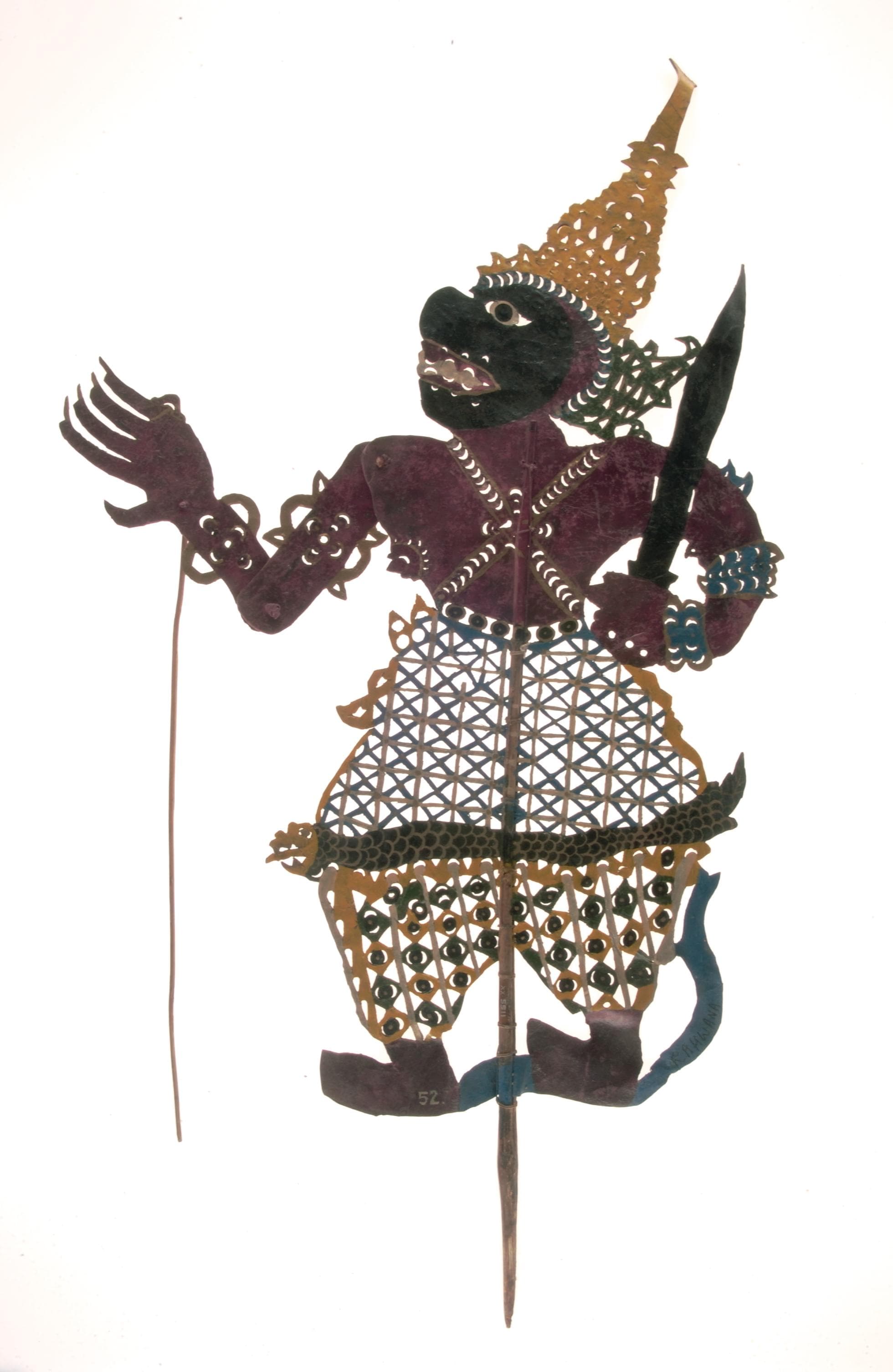 <span style="color: #131313;"><strong>Shadow puppet, Rahwana<br>
<br>
</strong>XXXX-05511<br>
</span><span style="color: #131313;">Kelantan, Northeast Malay Peninsula<br>
</span><span style="color: #131313;">Collection of National Museum of Singapore, National Heritage Board<br>
<br>
</span>
<span style="color: #000000;">To see other Kelantanese Rahwana, <a href="https://www.roots.gov.sg/search?query=Shadow%20puppet,%20Maharaja%20Wana&amp;tab=collections" style="color: #0563c1;">click here.</a></span>