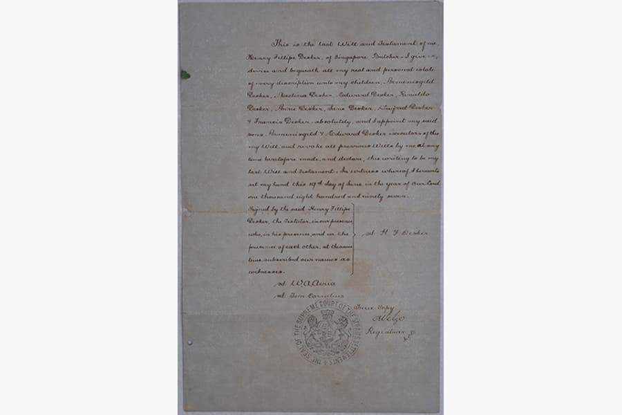 <a href="/assets/10531024-b153-44fe-bec1-aedf7921cc26/2-dsc9460.jpg"><strong>An Indenture Notice mentioning the business address of Henry Felipe Desker</strong></a><br>
25 July 1908, Singapore<br>
<em>Collection of Ambassador Barry Desker</em>