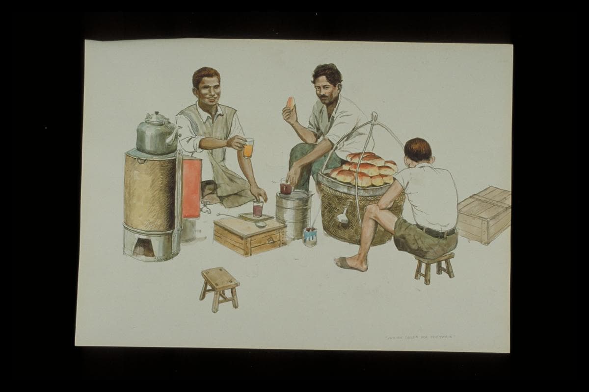 <strong>Watercolour painting of a hawker selling <em>teh tarik</em><br>
</strong>1960<br>
2000-03868