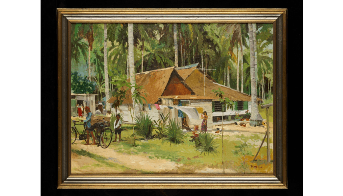 <strong>Kampong in Loyang</strong><br>
Lee Boon Wang (1934&ndash;2016) <br>
AB2004-00023<br>
Oil on canvas<br>
Undated<br>
Collection of National Heritage Board