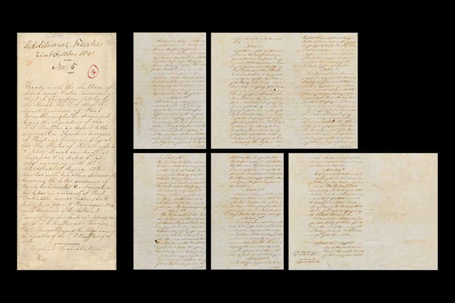 <strong><a href="/stories-landing/stories/the-singapore-story-through-60-objects/colonial/treaty-of-friendship-and-alliance/story"><strong>Record of the 1819 Treaty of Friendship and Alliance, Singapore, 1841, ink on paper.</strong><br>
Collection of the National Archives of Singapore.</a></strong>