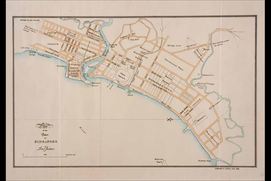 <strong><a href="https://www.roots.gov.sg/Collection-Landing/listing/1067861"><strong>'Plan of the Town of Singapore', also known as the "Jackson Plan", Singapore, 1828, lithograph.</strong><br>
Collection of the National Museum of Singapore.</a></strong>