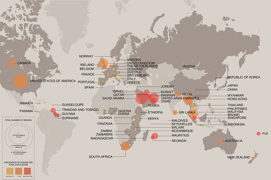 This <a href="/assets/4d1e0b8f-48d8-4a53-98e0-a999e503dac1/map-ouatili-edited.jpg"><strong>map</strong></a>&nbsp;of the Indian diaspora across the world is based on statistics from various censuses and reports of the countries included in this map. All information was correct as at the time of exhibition launch in 2016.