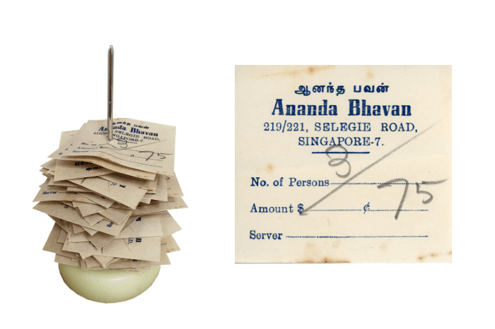 ஆனந்த பவன் உணவகத்தில் சொந்தமாக வாங்கிக்கொள்ளும் முறை அறிமுகமாவதற்குமுன், வாடிக்கையாளர்களுக்கு இதுபோன்ற விலைச்சீட்டுகள் கொடுக்கப்பட்டன. அந்தக் காலத்தில், வாடிக்கையாளர்கள் விலைச்சீட்டைக் காசாளரிடம் எடுத்துச்சென்று பணம் செலுத்துவார். ஒவ்வொரு நாளின் விலைச்சீட்டுகளும் கணக்கு பார்ப்பதற்காக ஓர் ஆணியில் குத்தி சேகரிக்கப்படும்.
