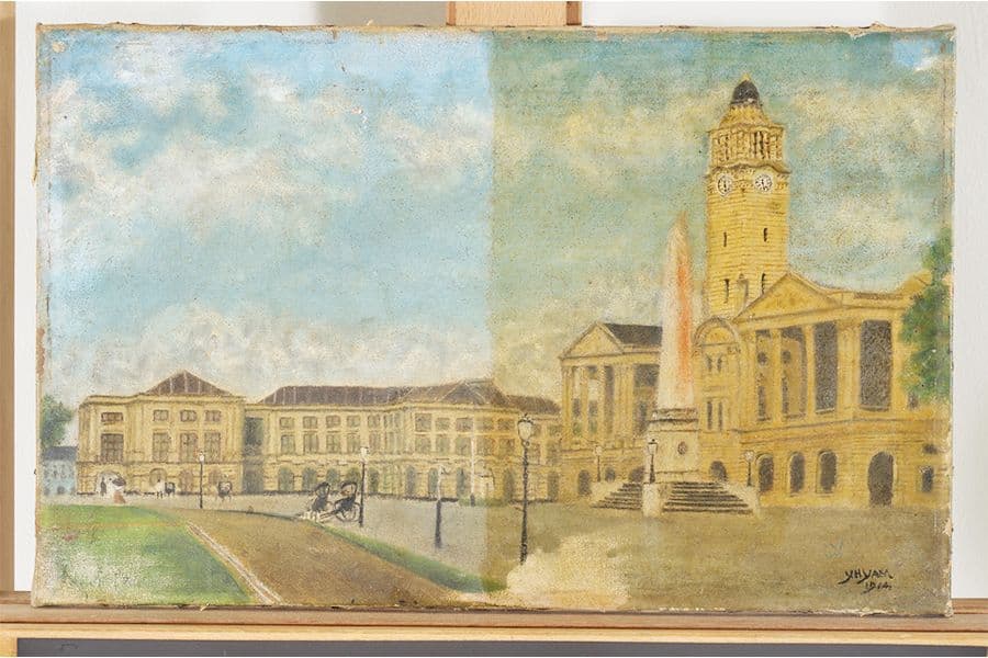 <strong>Varnish removal from artwork during treatment &ndash; before (right); after (left)</strong>