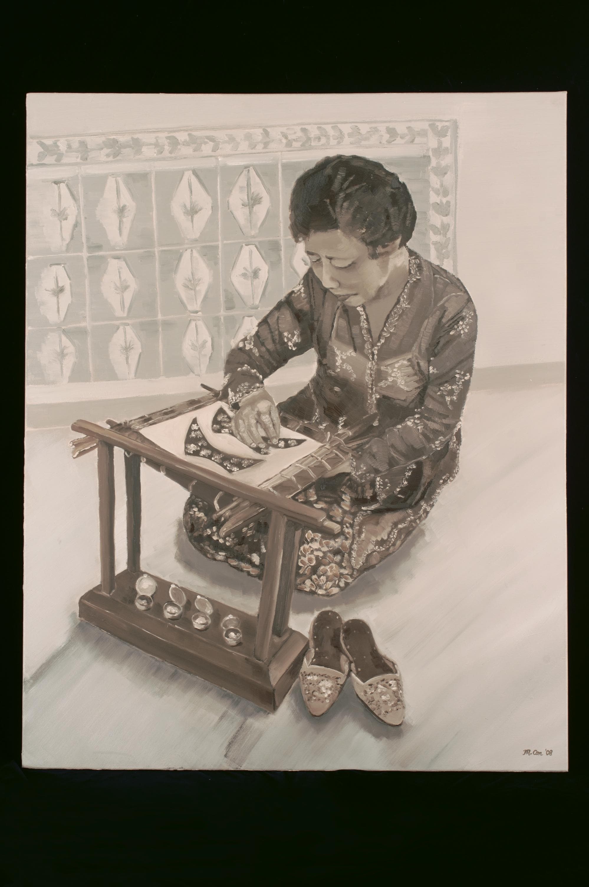 <strong>Painting of Nonya sewing beaded slippers<br>
</strong><br>
Creator: May Oon Filmeridis<br>
2009-00002<br>
2008<br>
Singapore<br>
Collection of the Peranakan Museum
<br>
<br>
Purchase from the David Zuellig Fund (Photo courtesy of Mr Peter Wee)