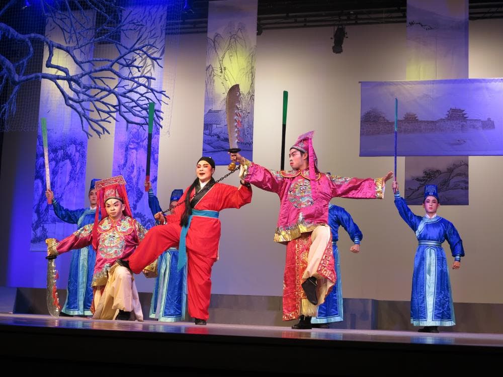 Actors in the midst of a Teochew opera performance. Like other forms of Chinese opera, Teochew operas also make use of stylised actions and elaborate costumes and make-up.