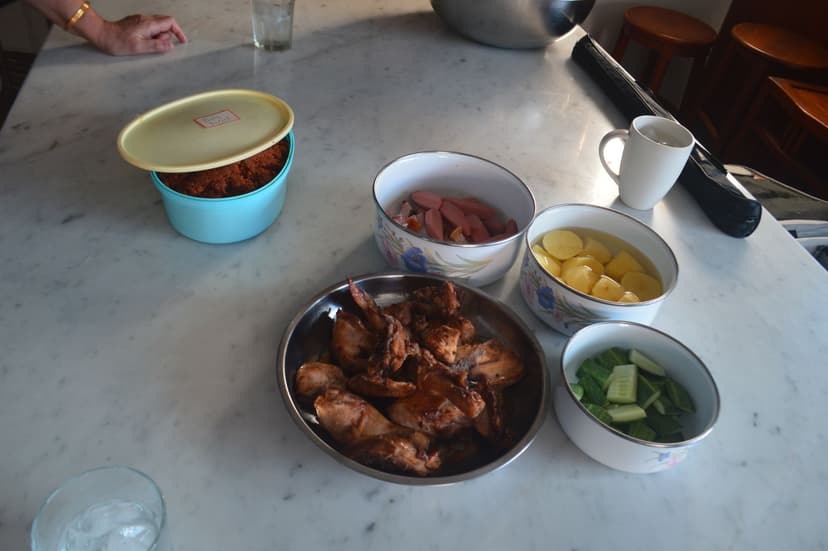 Ingredients needed for devil’s curry, a Eurasian dish made from meat leftovers.