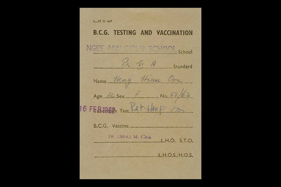 <a href="/collection-landing/listing/1100395" target="_blank"><strong>Certificate of BCG Testing and Vaccination</strong></a><br>
Gift of Mr. Heng Lee Kok<br>
Collection of National Museum of Singapore
